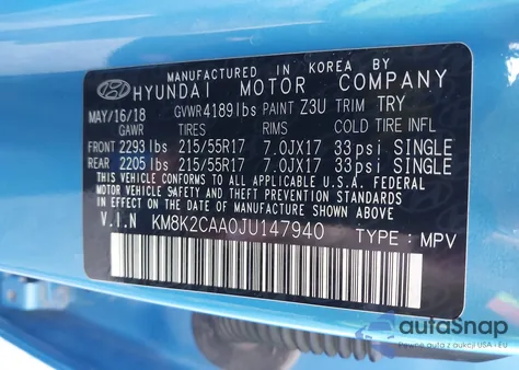 2018 Hyundai Kona Sel z USA, uszkodzony, nr VIN KM8K2CAA0JU147940